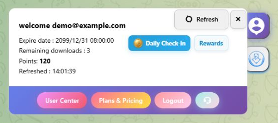 User Center: the account center button at the bottom of the extension panel.