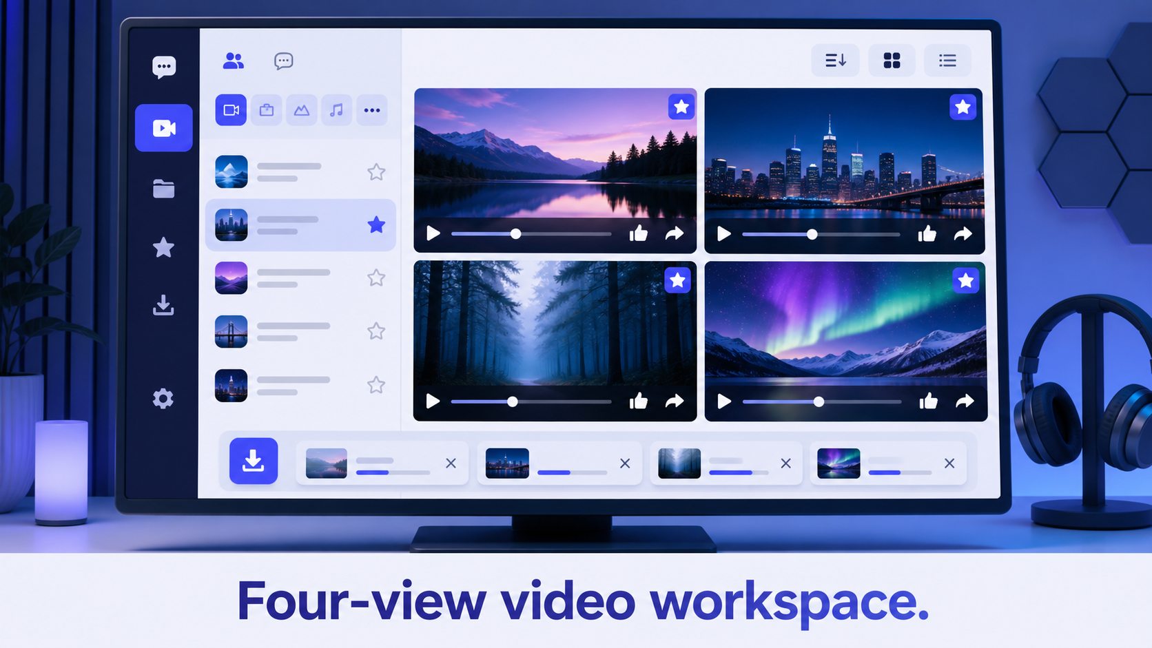Concept illustration of a media workspace with four video previews, favorites, categories and sorting, captioned Four-view video workspace.