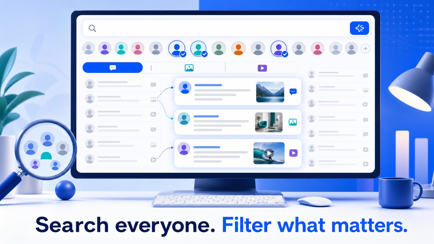 Concept illustration of multi-member filters for messages, images and videos, captioned Search everyone. Filter what matters.